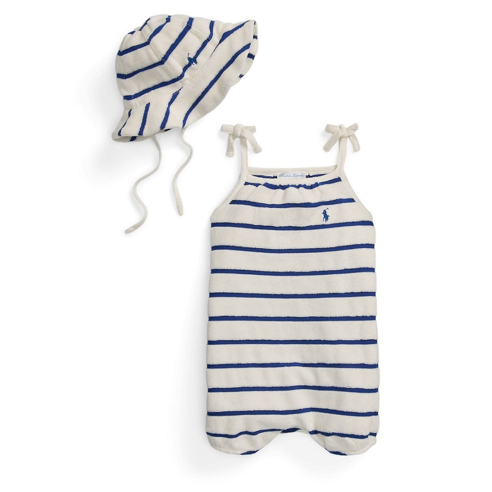 EUC Polo by Ralph Lauren Baby Girls Striped Terry Bubble and Hat Set (12M)
